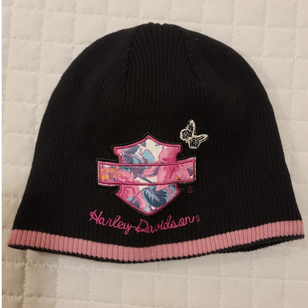 Harley Davidson Girls' (4-14) Pink Trim Bar Shield Solid Black Knit‎ Beanie Cute